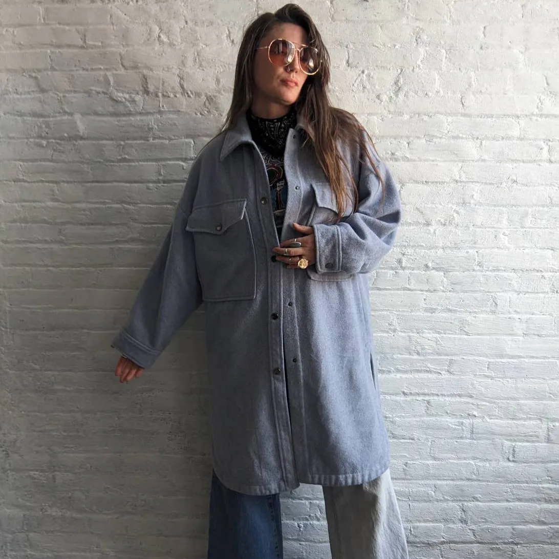 ZARA Pastel Blue Wool Shacket Oversize Long Minimalist Trench Duster Chore Coat