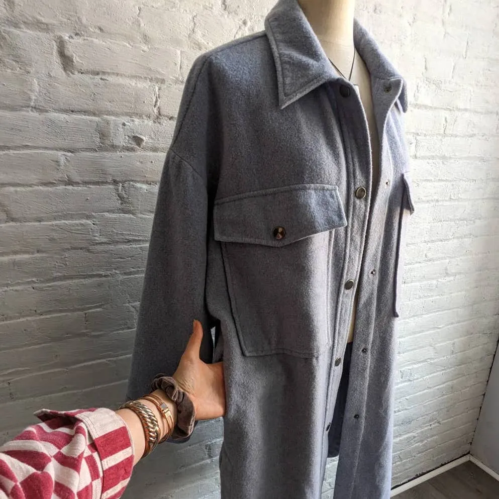 ZARA Pastel Blue Wool Shacket Oversize Long Minimalist Trench Duster Chore Coat