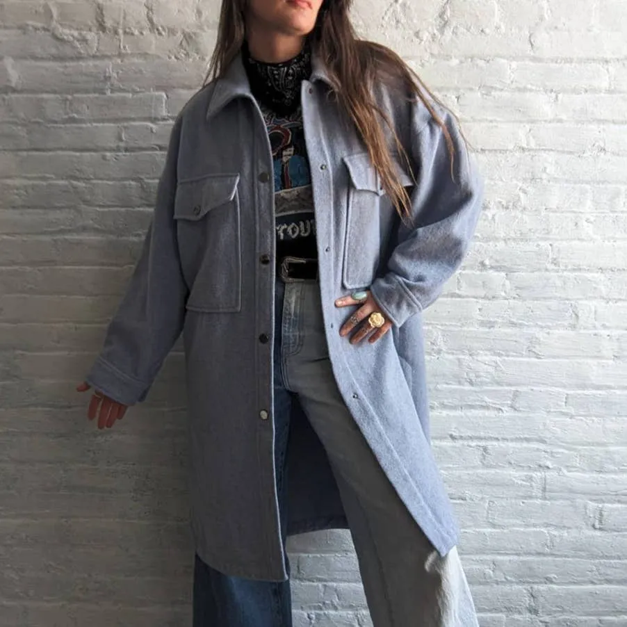 ZARA Pastel Blue Wool Shacket Oversize Long Minimalist Trench Duster Chore Coat