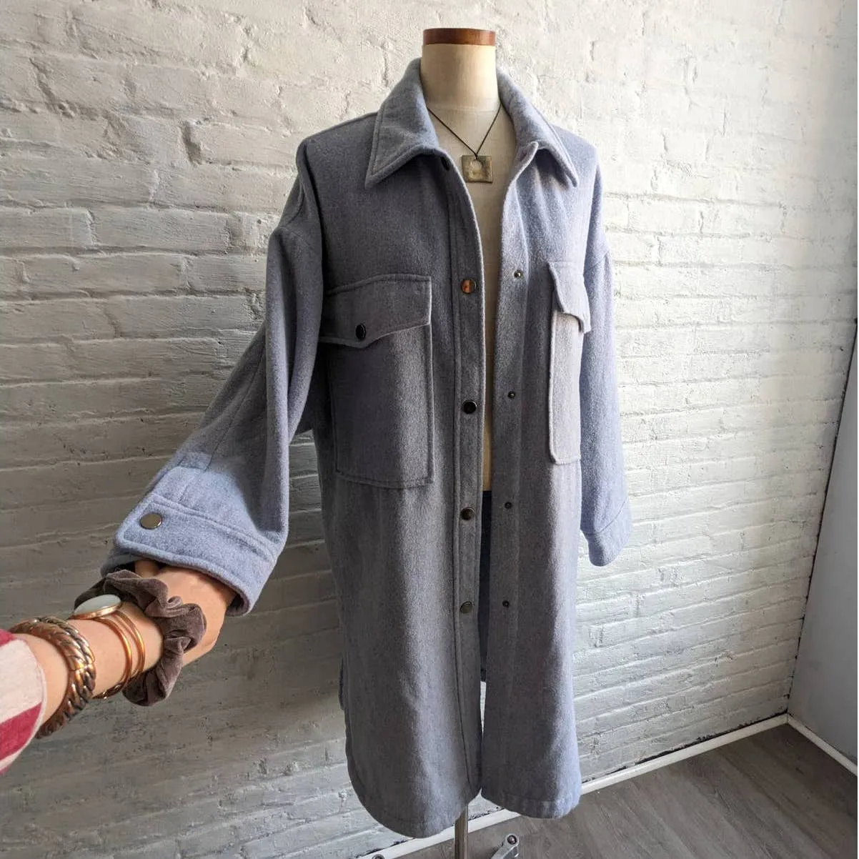 ZARA Pastel Blue Wool Shacket Oversize Long Minimalist Trench Duster Chore Coat