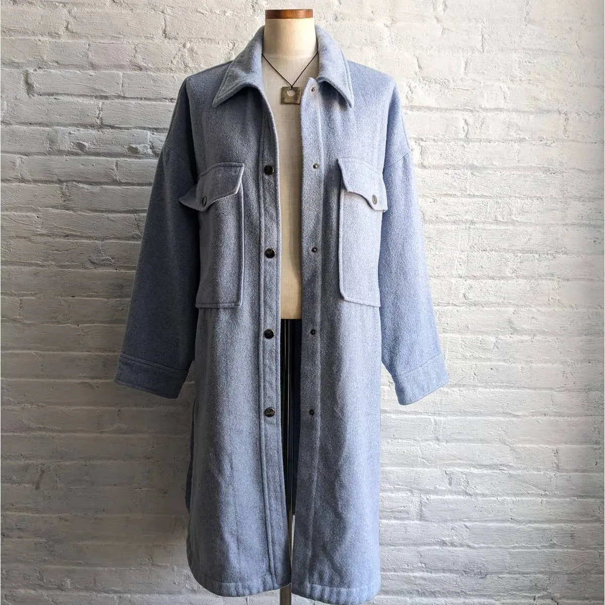 ZARA Pastel Blue Wool Shacket Oversize Long Minimalist Trench Duster Chore Coat